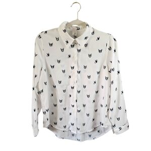 Frenchie Dog Print Sheer Blouse White & Navy French Bulldogs One Size Pinkyotto